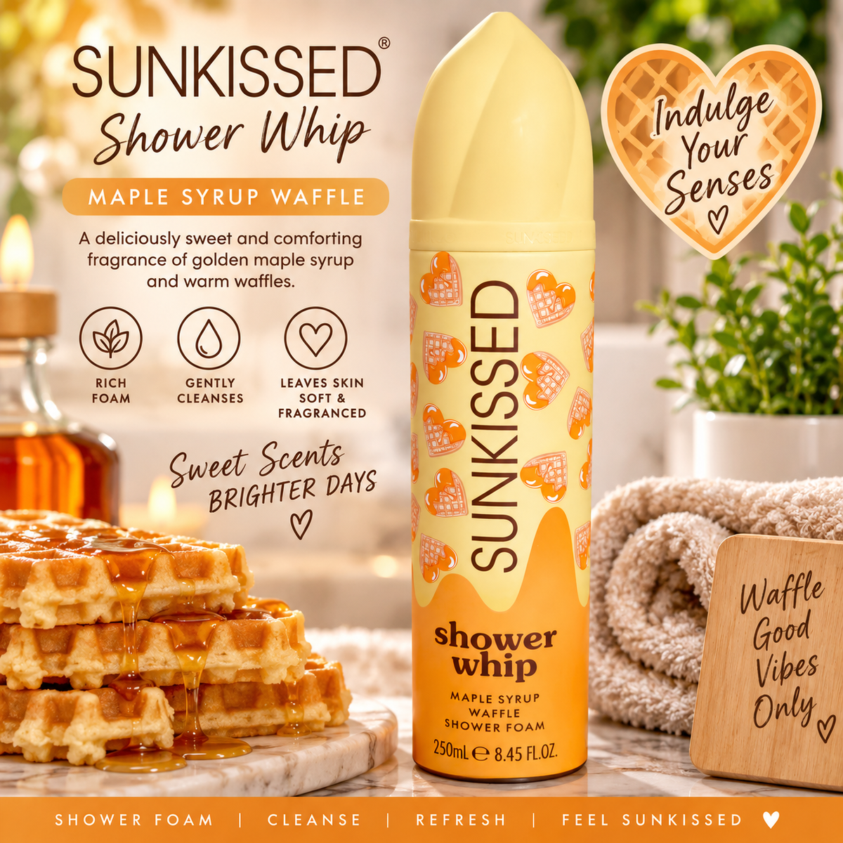 Sunkissed shower whip maple syrup waffle