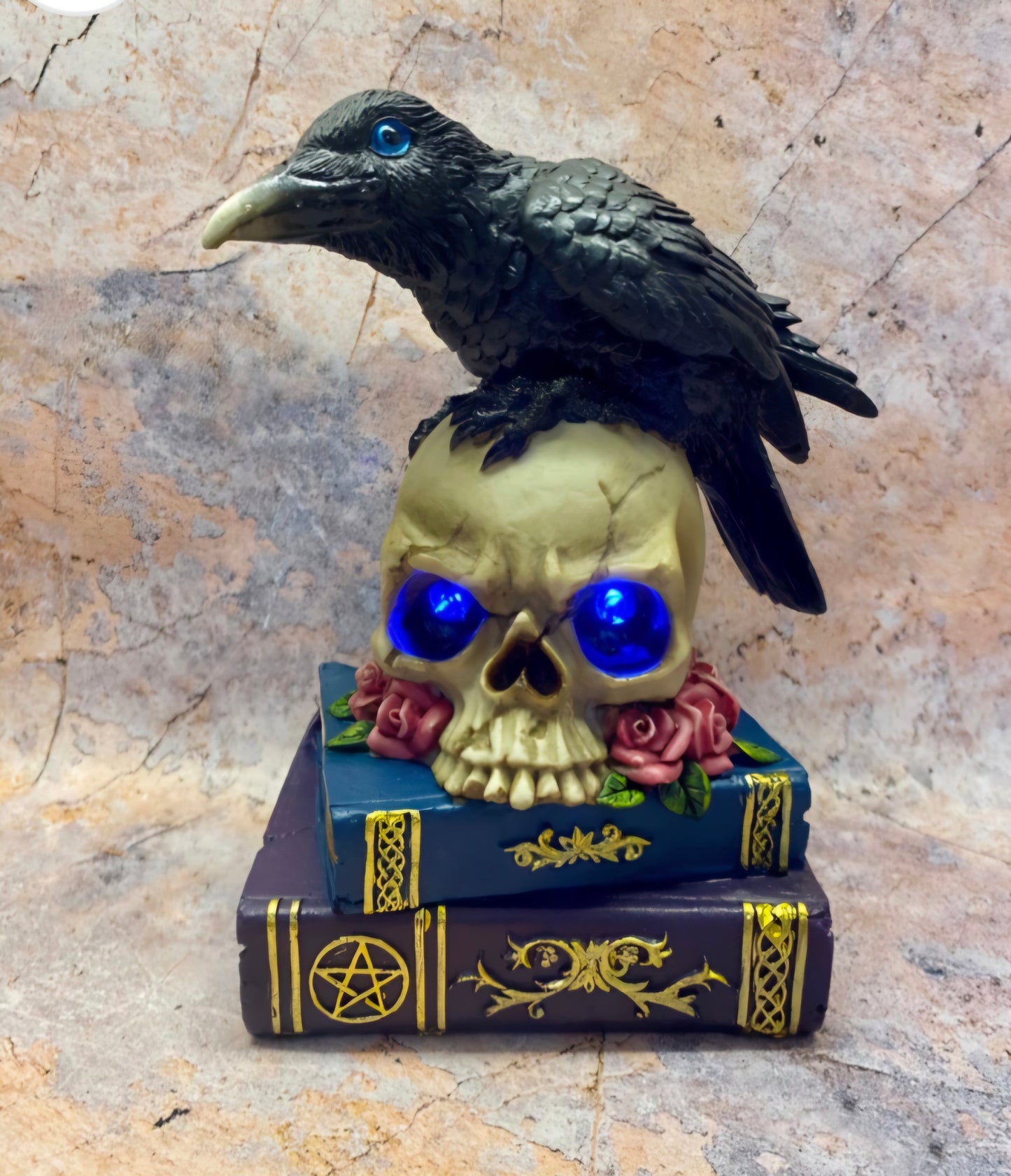 Mystical Raven on LED Skull with Witchcraft Books |