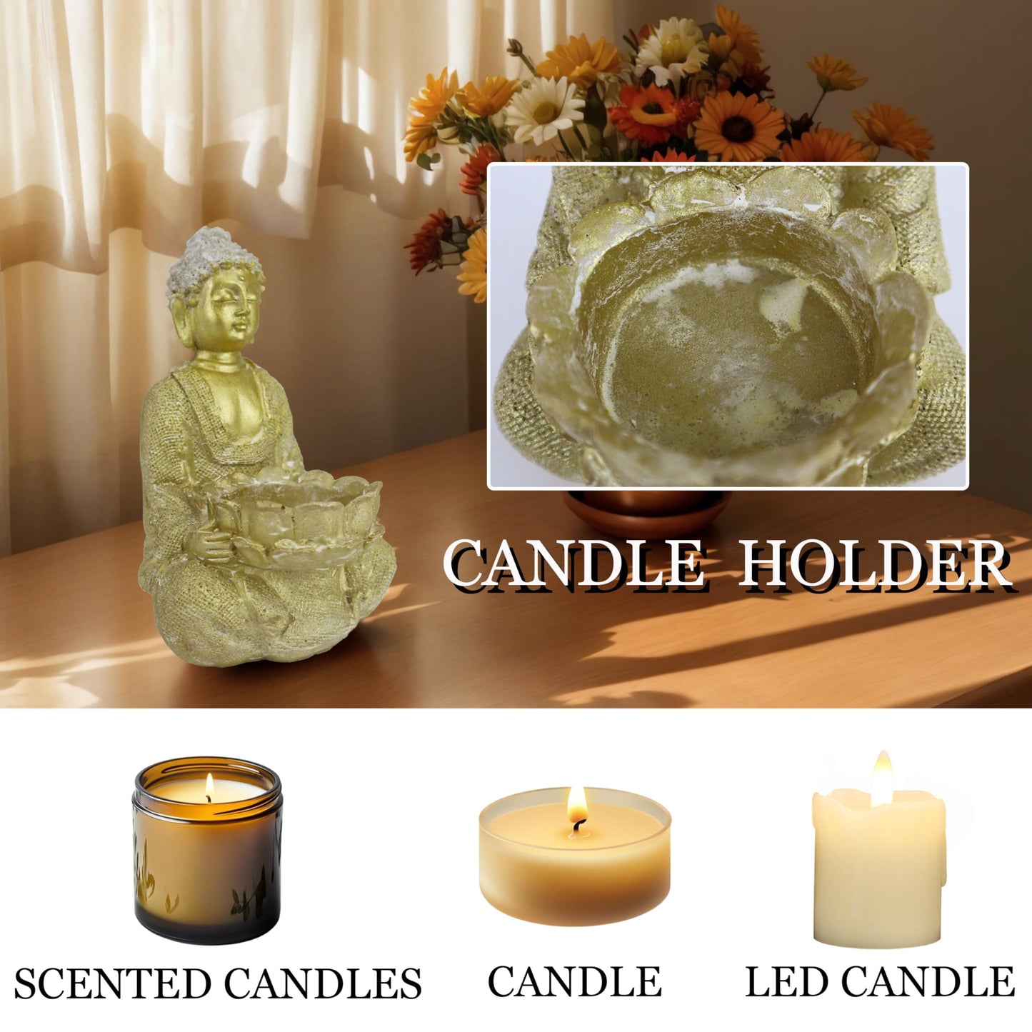 Hand-Painted Resin Buddha Statue Candle Holder for Home & Garden Décor - Golden 8x8.5x14cm