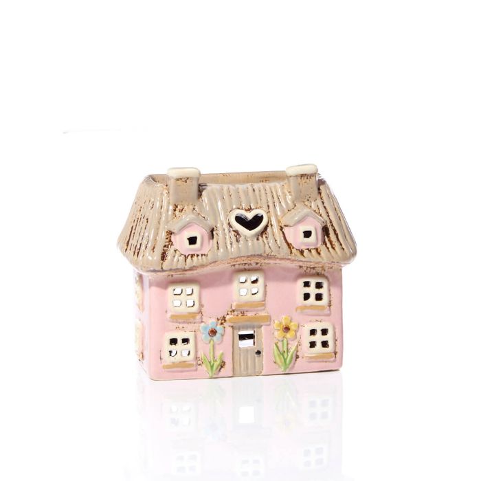 Pink Thatched Cottage with Embossed Flowers Wax Melt Burner