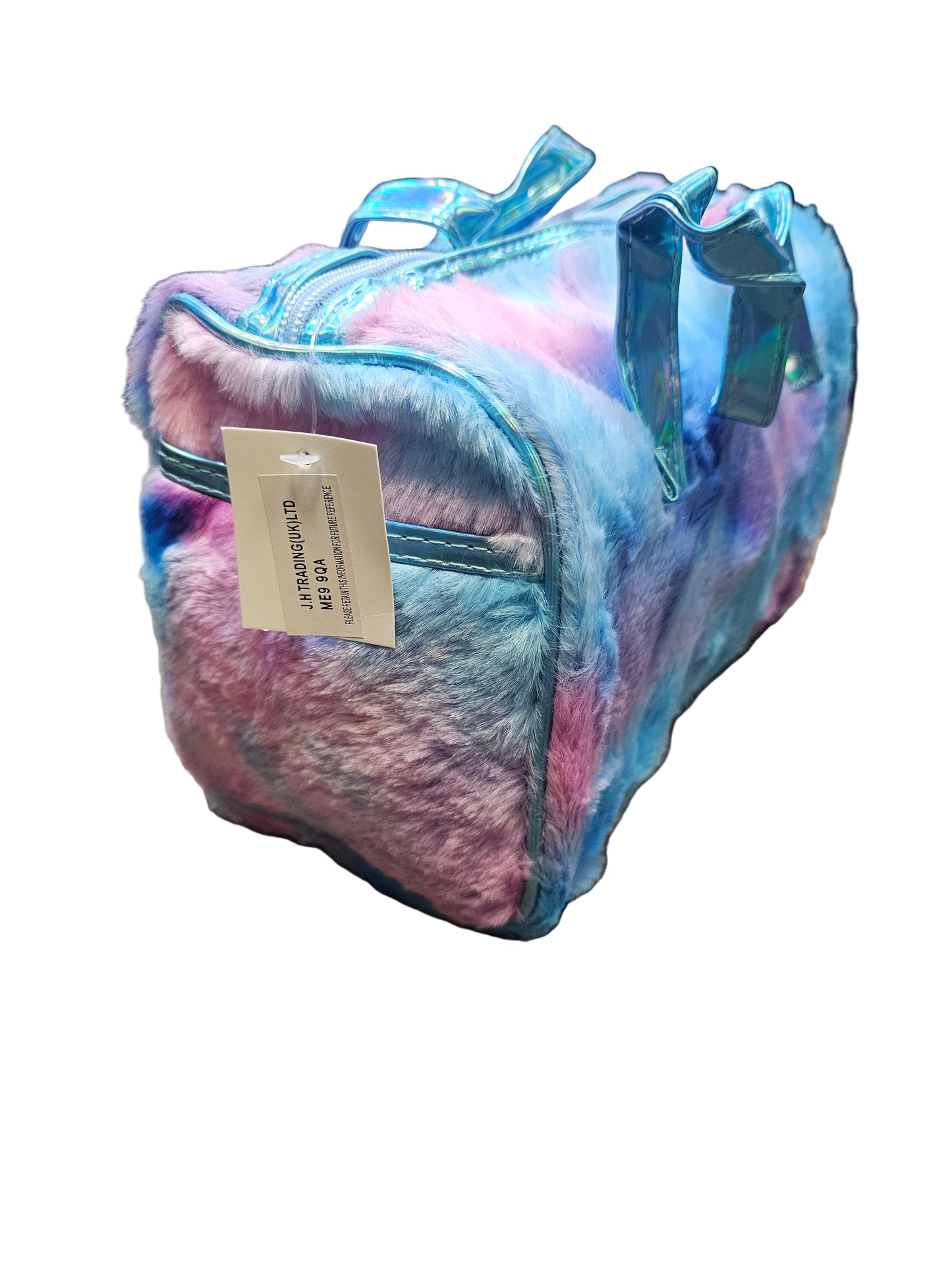fluffy, tie-dye unicorn duffel bag