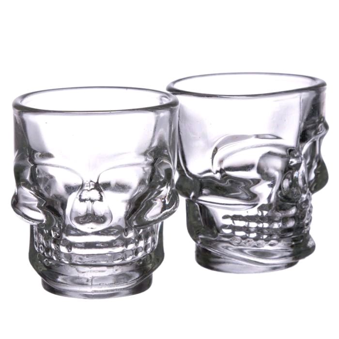 Set of 2 Glass Skull Shot Glasses with Roses (60ml) - Drinkware