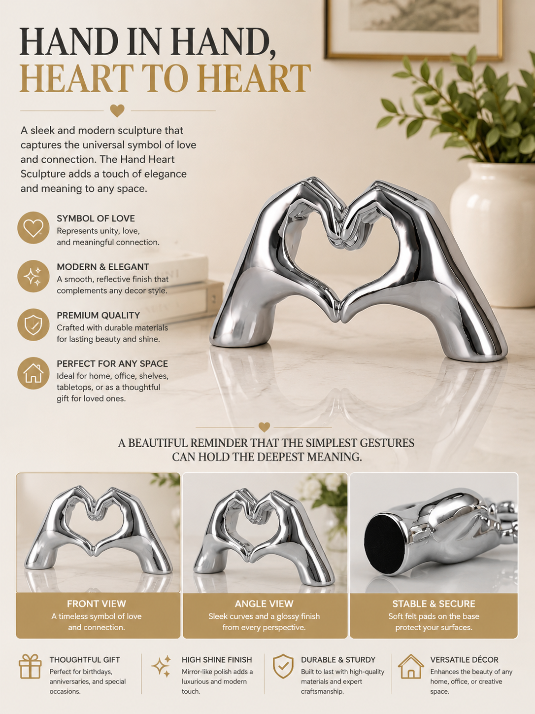 Heart Hands Decorative Sculpture Love Ornament for Home, Bookshelf, or Table