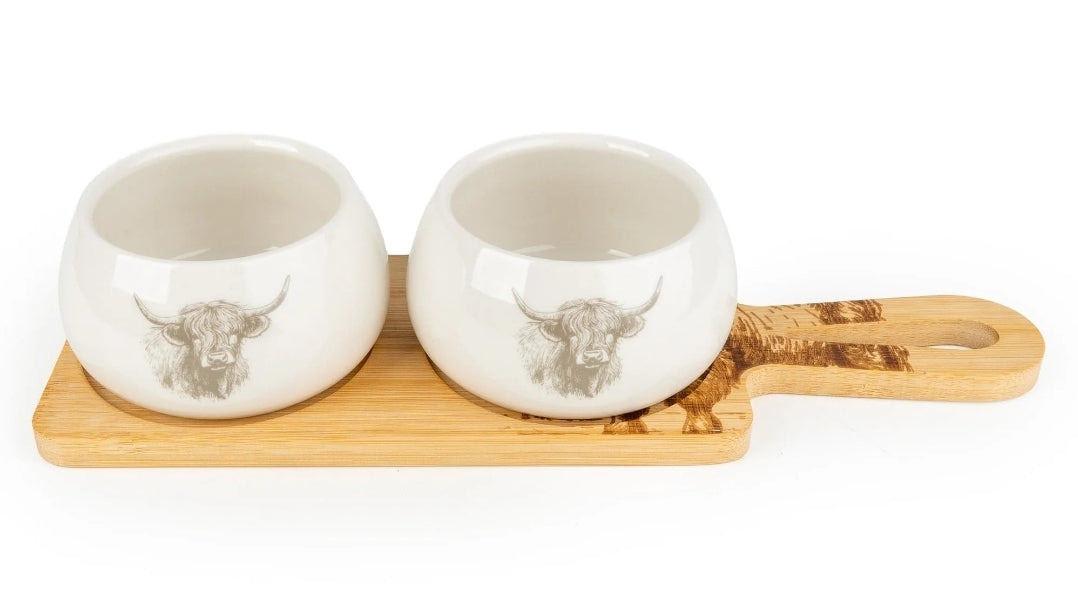 Set of 2 Bowls on Bamboo Tray - Highland Cow 2pk