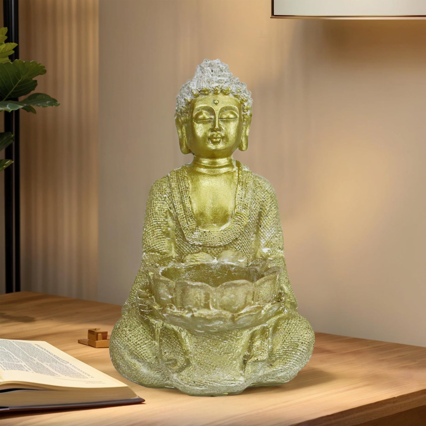 Hand-Painted Resin Buddha Statue Candle Holder for Home & Garden Décor - Golden 8x8.5x14cm