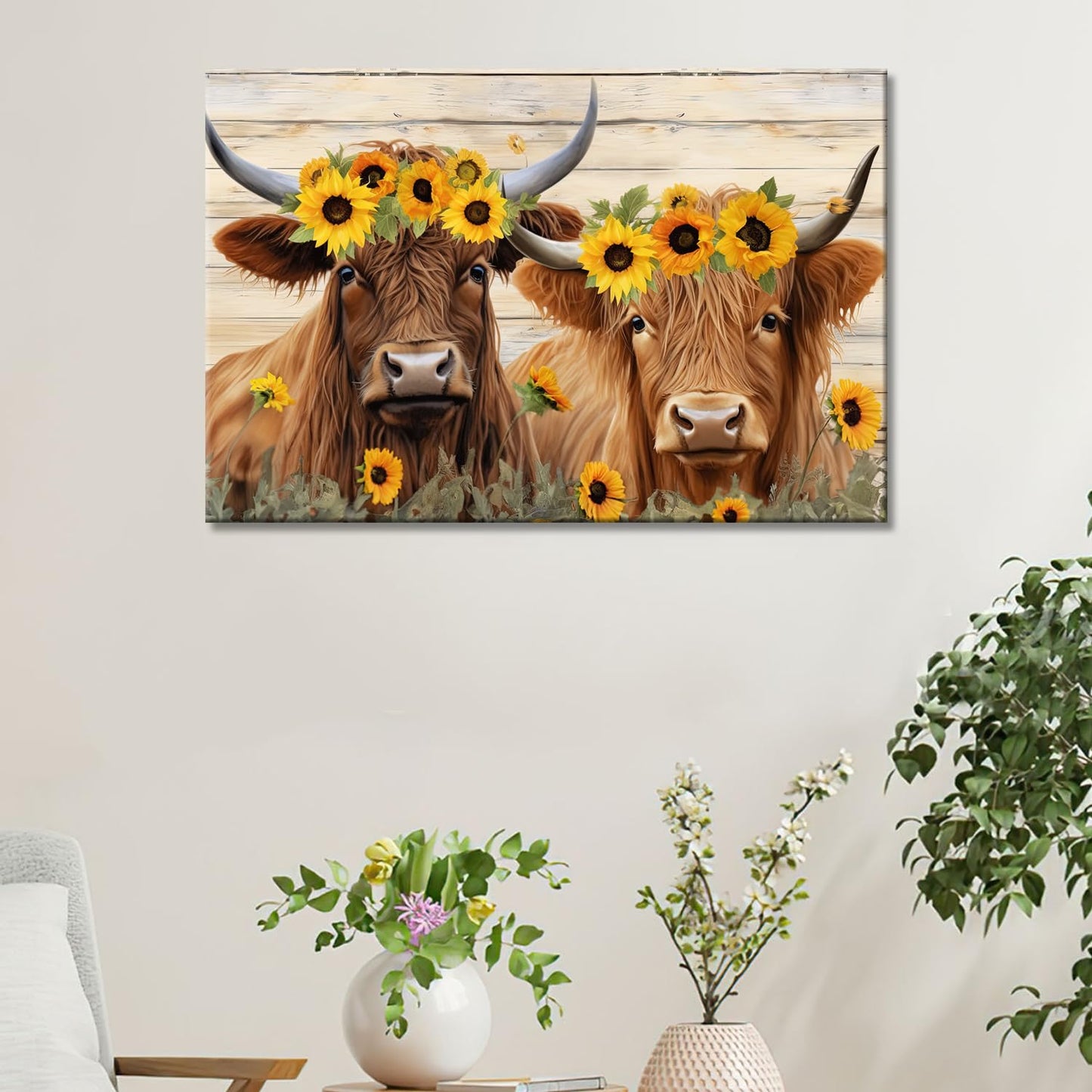Rustic Cow Canvas Wall Art Farmhouse Animal Print on Wood Panel for Kitchen & Living Room Décor - Sunflower Cows 45x30cm