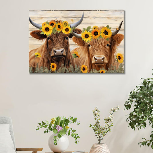 Rustic Cow Canvas Wall Art Farmhouse Animal Print on Wood Panel for Kitchen & Living Room Décor - Sunflower Cows 45x30cm