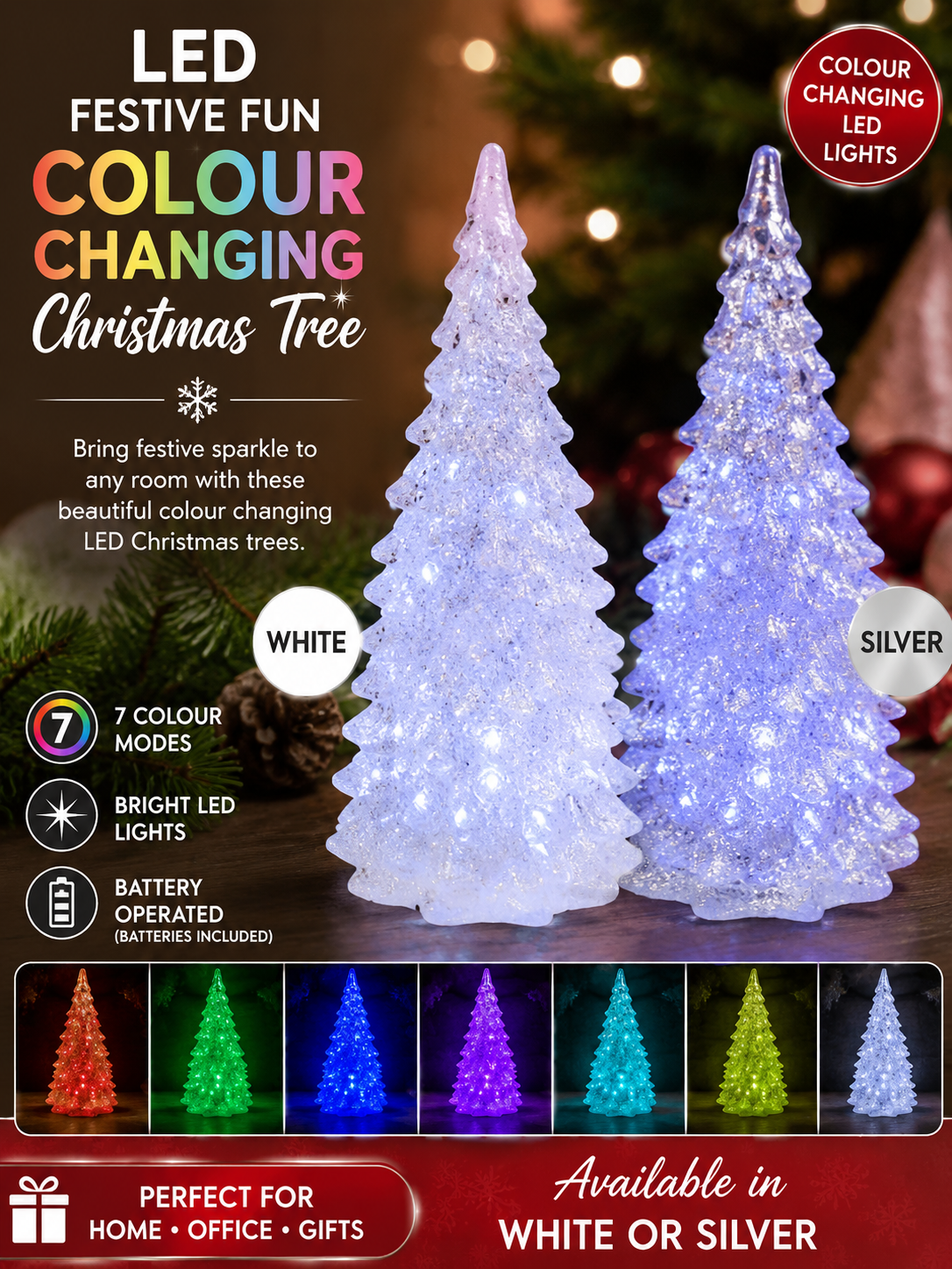 Festive Fun Flashing Christmas Tree" featuring small decorative tabletop trees with 7 colour lights.