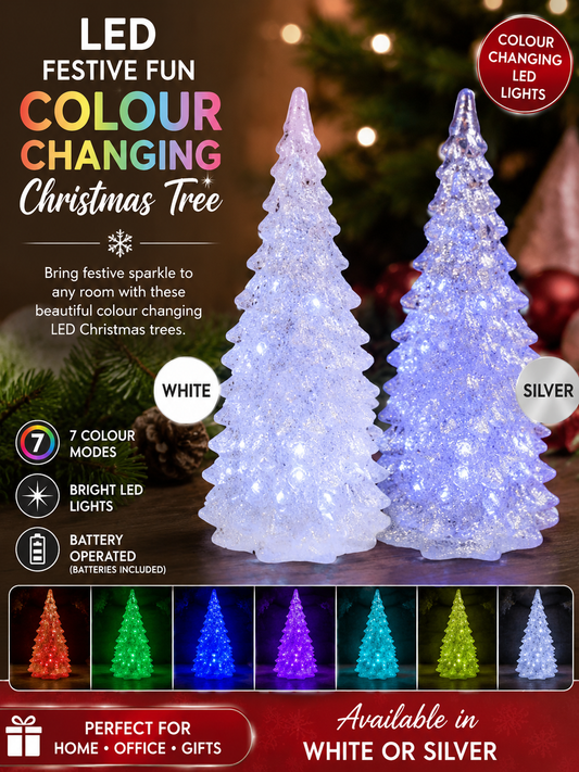 Festive Fun Flashing Christmas Tree" featuring small decorative tabletop trees with 7 colour lights.