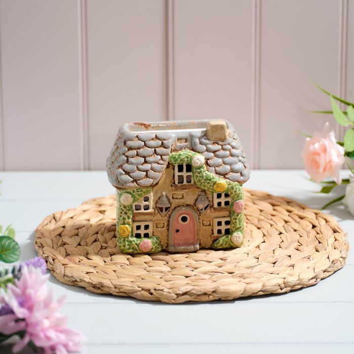 COTTAGE GARDEN STONEWARE HOUSE WITH ROSES AND DOOR LANTERNS ALL EMBOSSED DETAILS WAX MELT BURNER