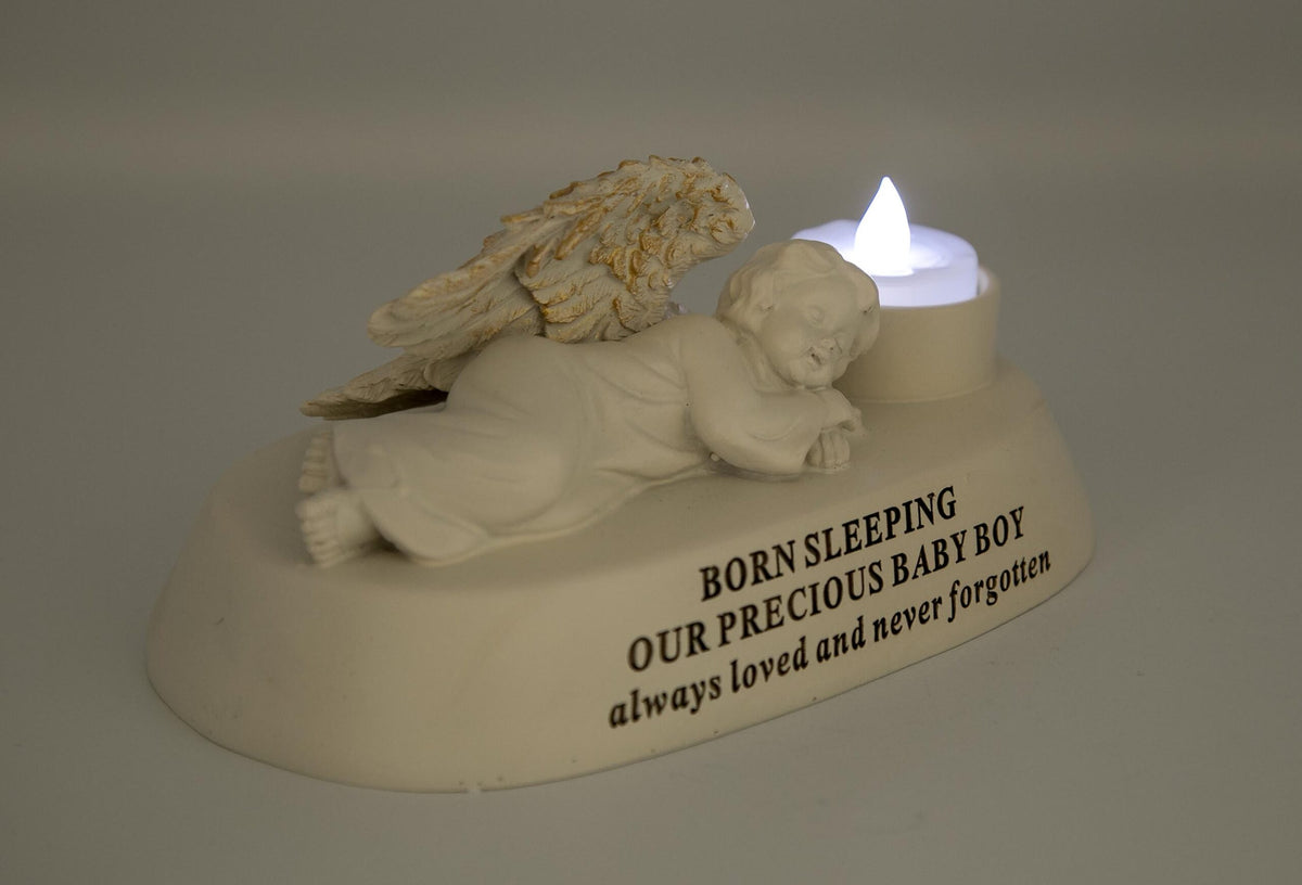 Born Sleeping Baby Boy Angel with Tealight Memorial Graveside Ornament