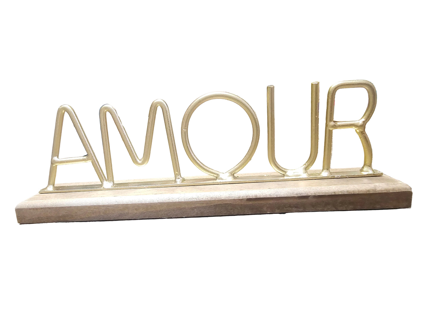 Amour tabletop decor sign with an antique brass finish on a wooden base