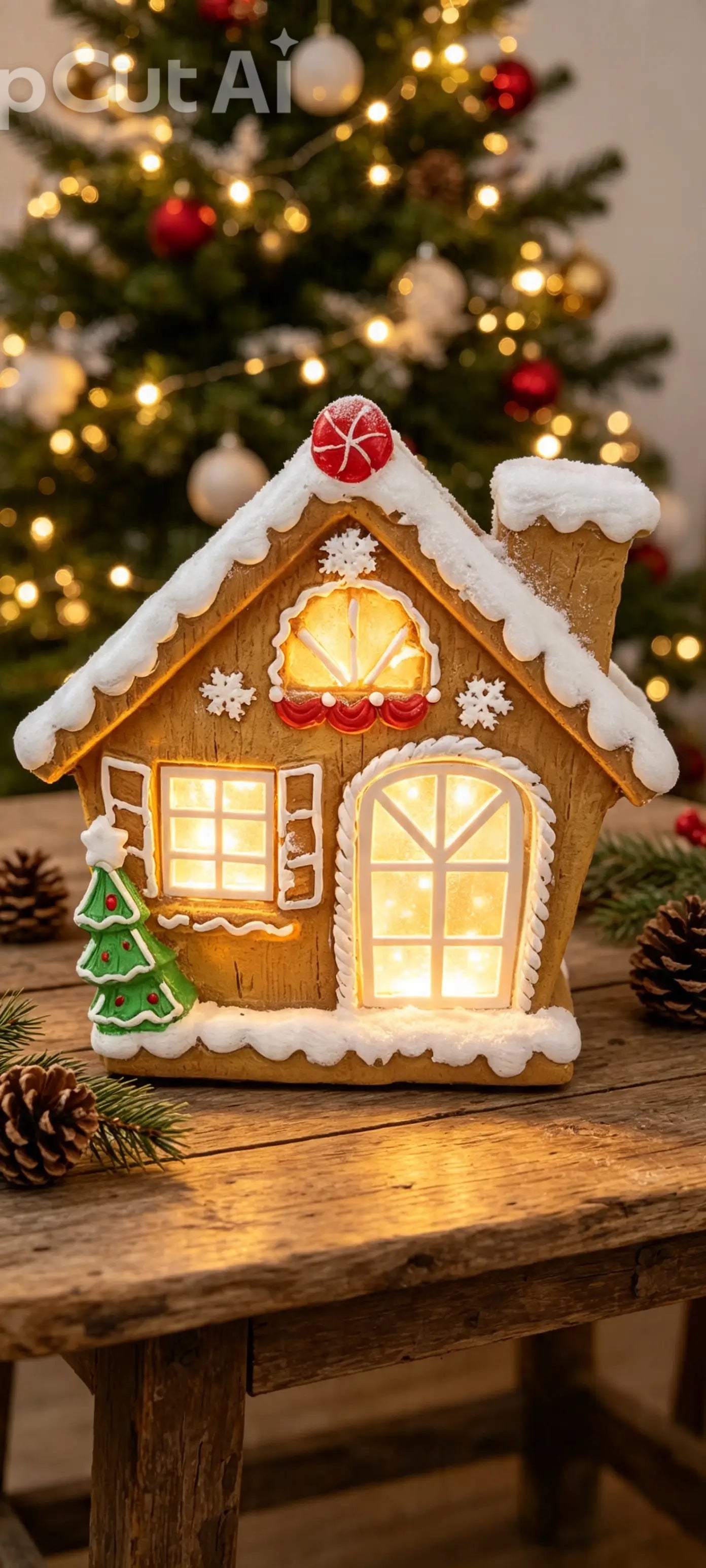 LED gingerbread house holiday tabletop decoration featuring snowy frosting details and candy accents.