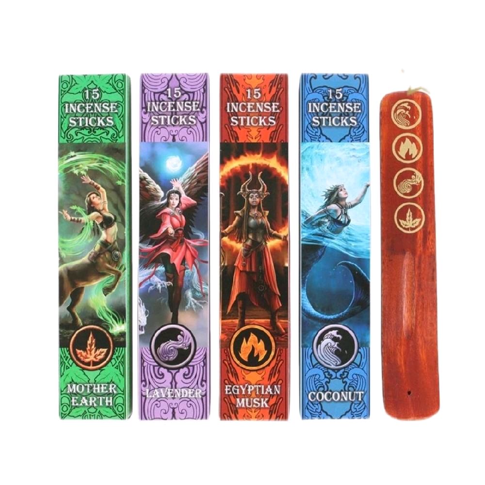 Elemental Incense Stick Collection - Includes 4 Packs of 15 Incense Sticks & An Incense Ash Catcher - Four Aromatic Scents:ender, Coconut, Mother, Egyptian Set Fragrance Scented