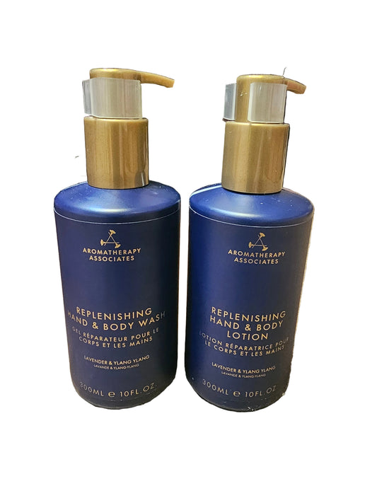 Aromatherapy Associates Replenishing Hand & Body Wash and Replenishing Hand & Body Lotion, both scented with lavender and ylang ylang.