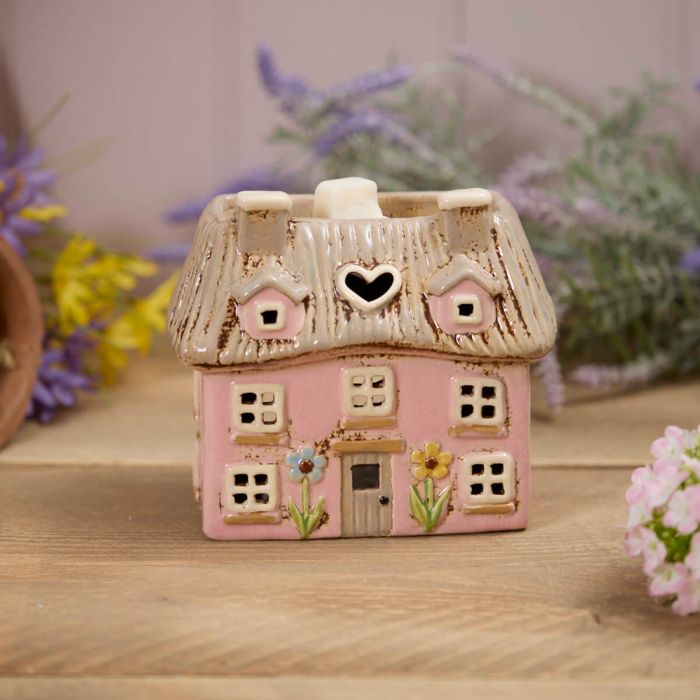Pink Thatched Cottage with Embossed Flowers Wax Melt Burner