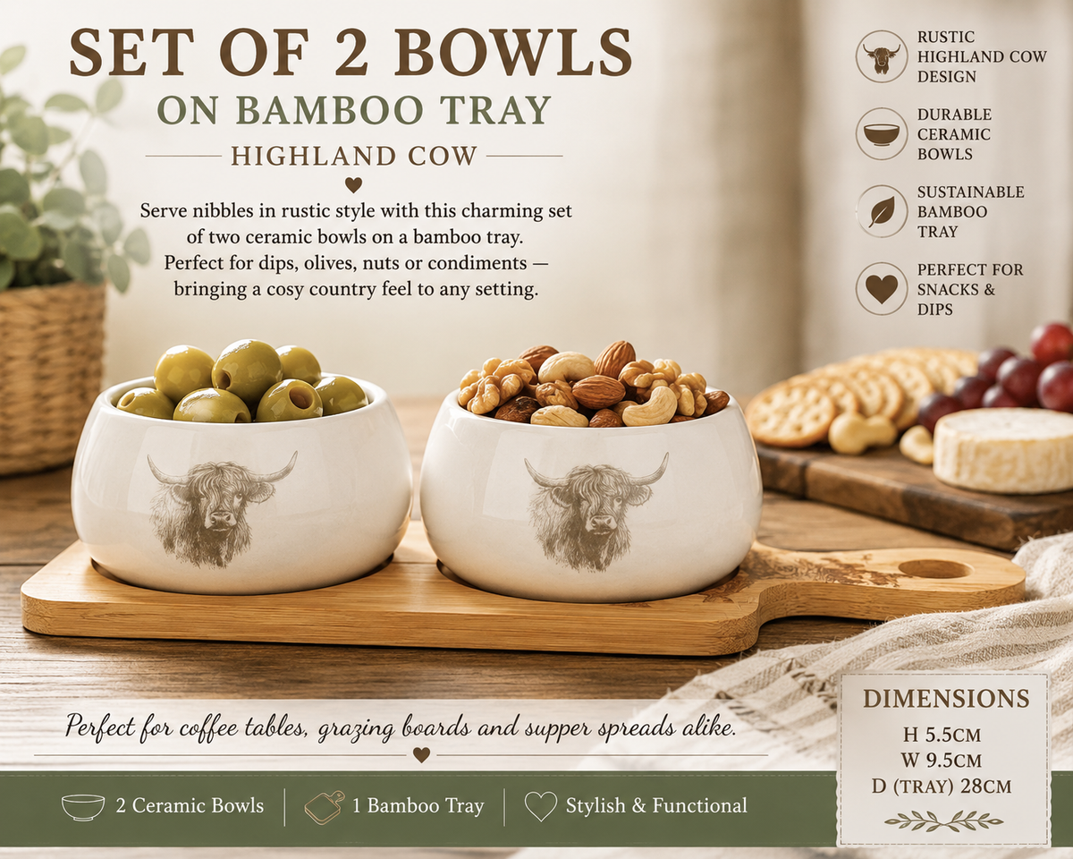 Set of 2 Bowls on Bamboo Tray - Highland Cow 2pk