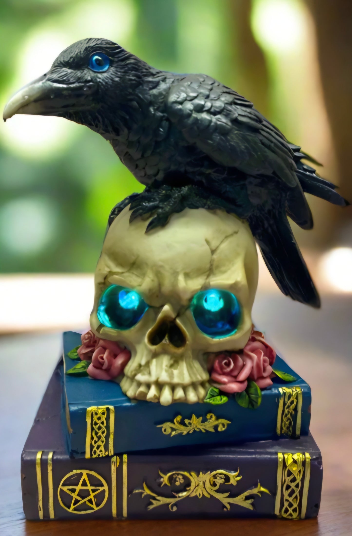Mystical Raven on LED Skull with Witchcraft Books |