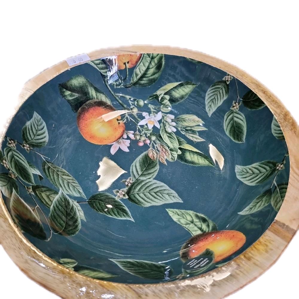 handmade natural Mango Wood Enamelled Bowls 24cm 3 Designs Tableware Handcrafted Decorative BPA Free Natural Variation Elegant Design - Wooden