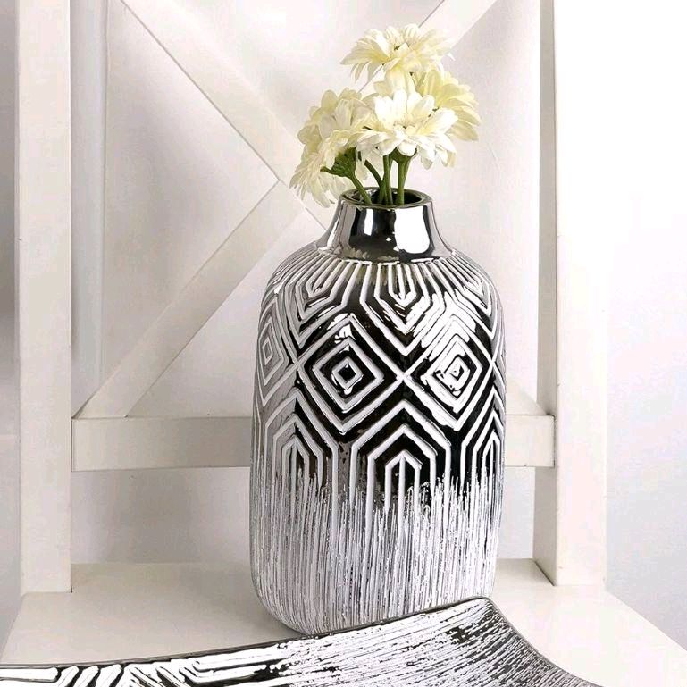 Decorative Silver & White Geometric Vase - 24.5cm - Ornaments Ceramic Flower Room