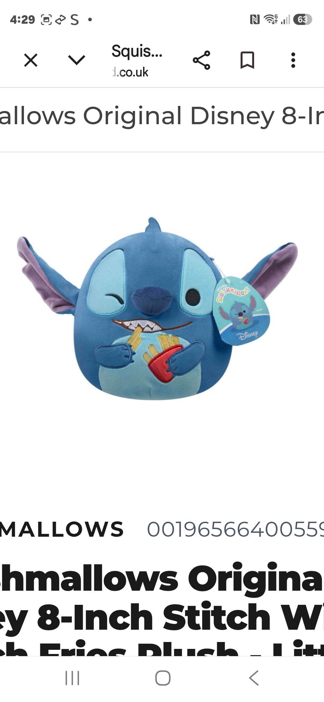 Original Squishmallows Disney Stitch with French Fries Plush