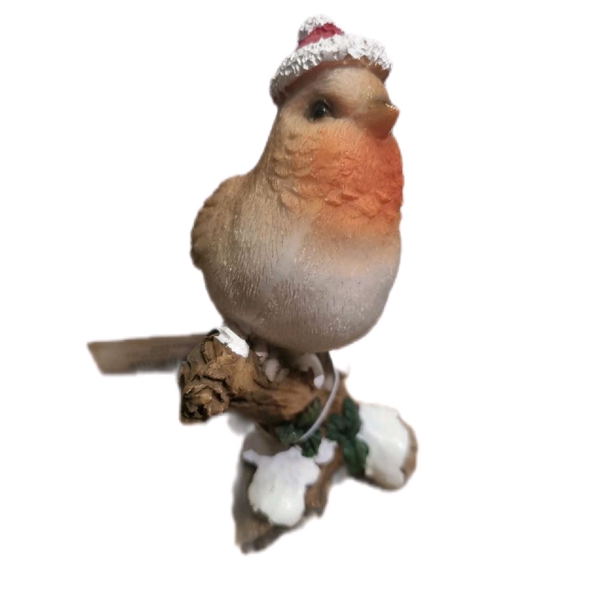 Christmas Robin Statue on a Frosted Branch - Festive Home Decor Ornaments Decoration