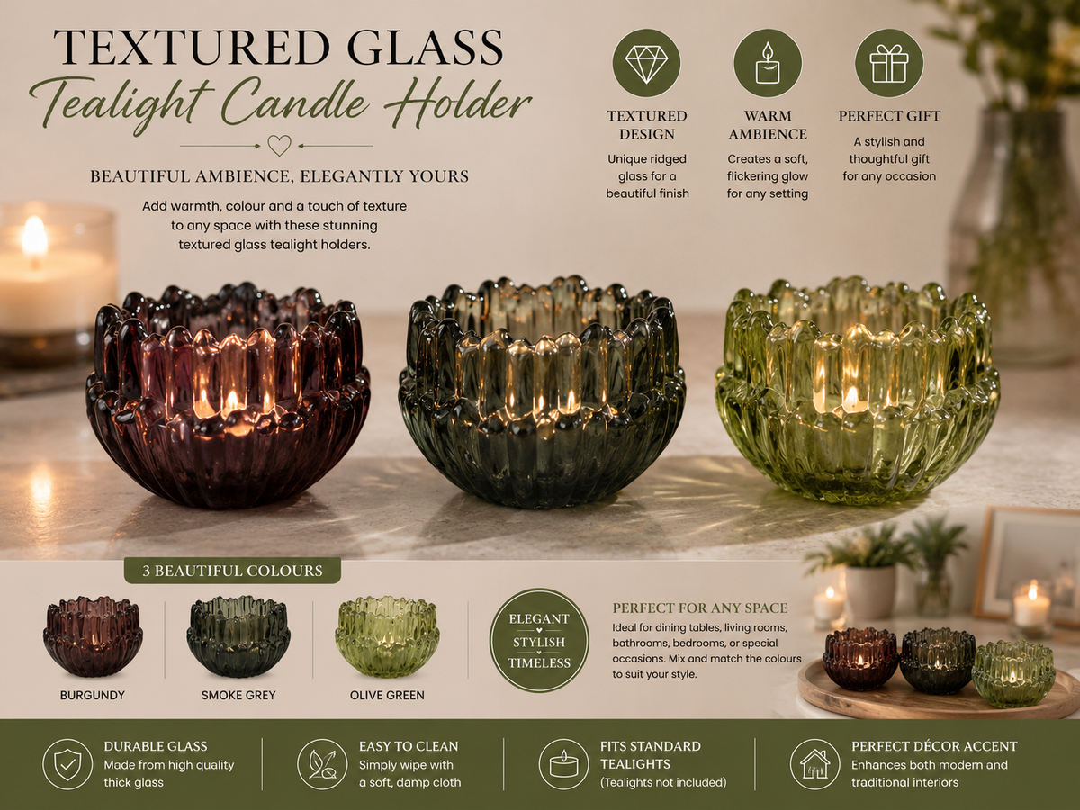 Textured Glass Tealight Candle Holder - 3 Colours