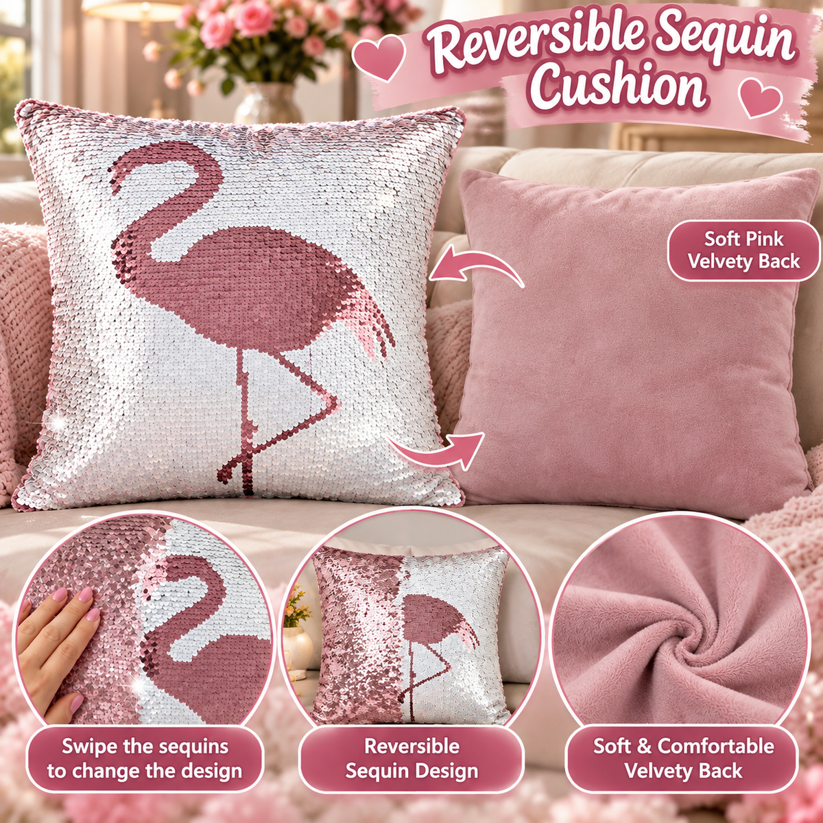Reversible sequin flamingo cushion 18 x 18