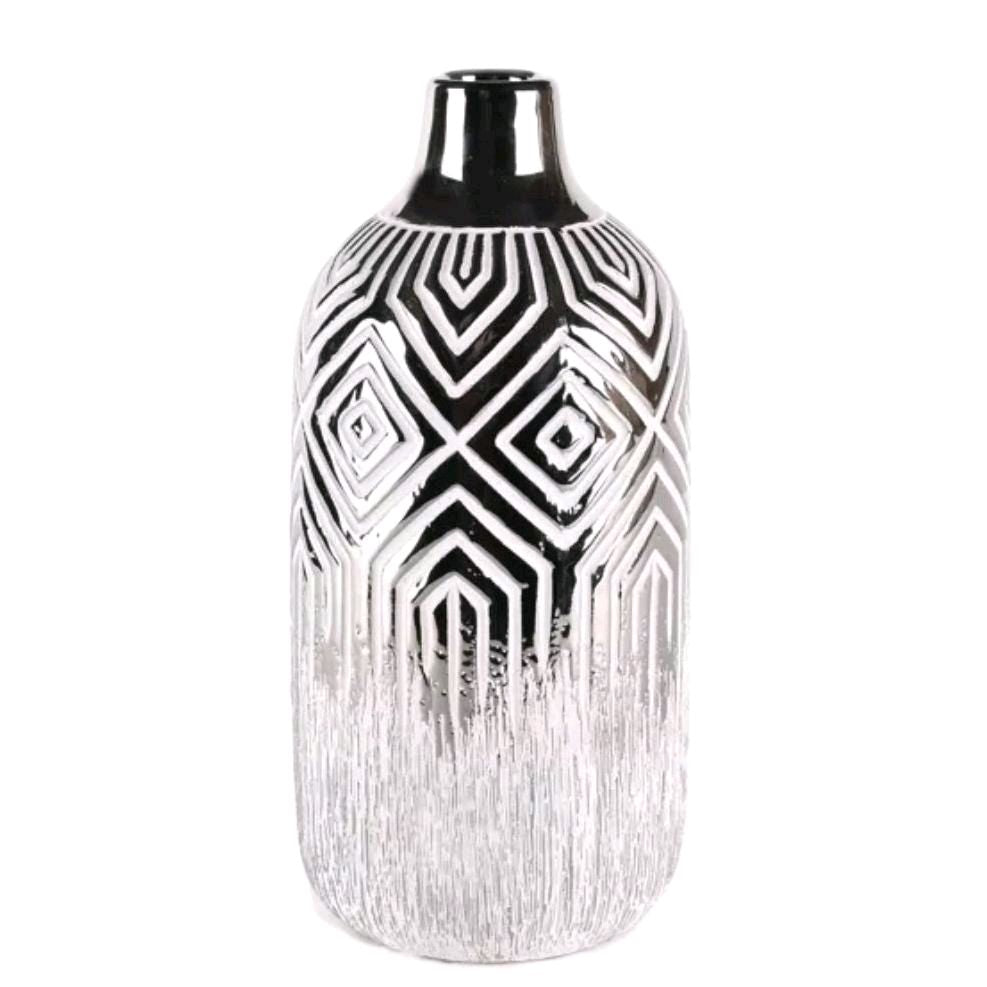 Decorative Silver & White Geometric Vase - 24.5cm - Ornaments Ceramic Flower Room
