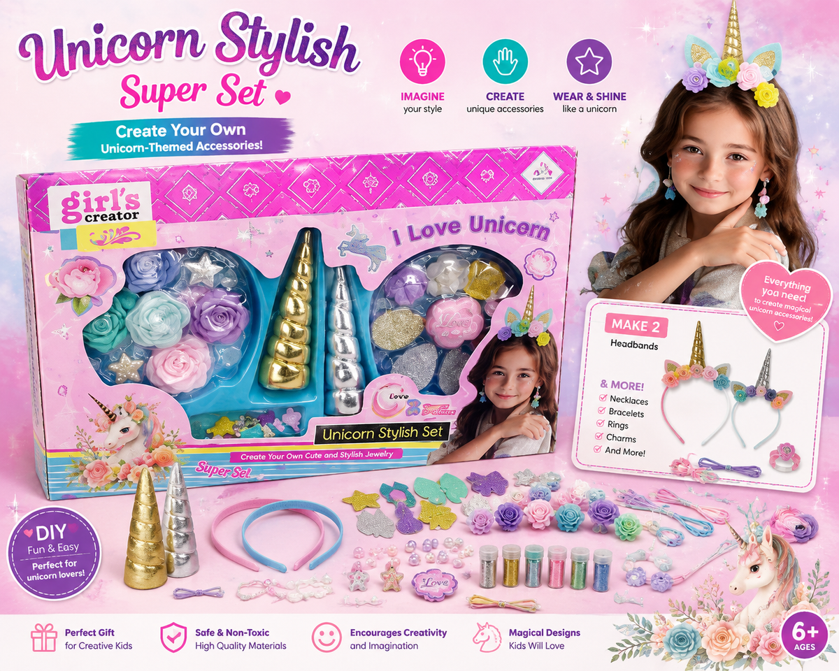 Unicorn Stylish Super Set, a craft kit for making unicorn-themed accessories.
