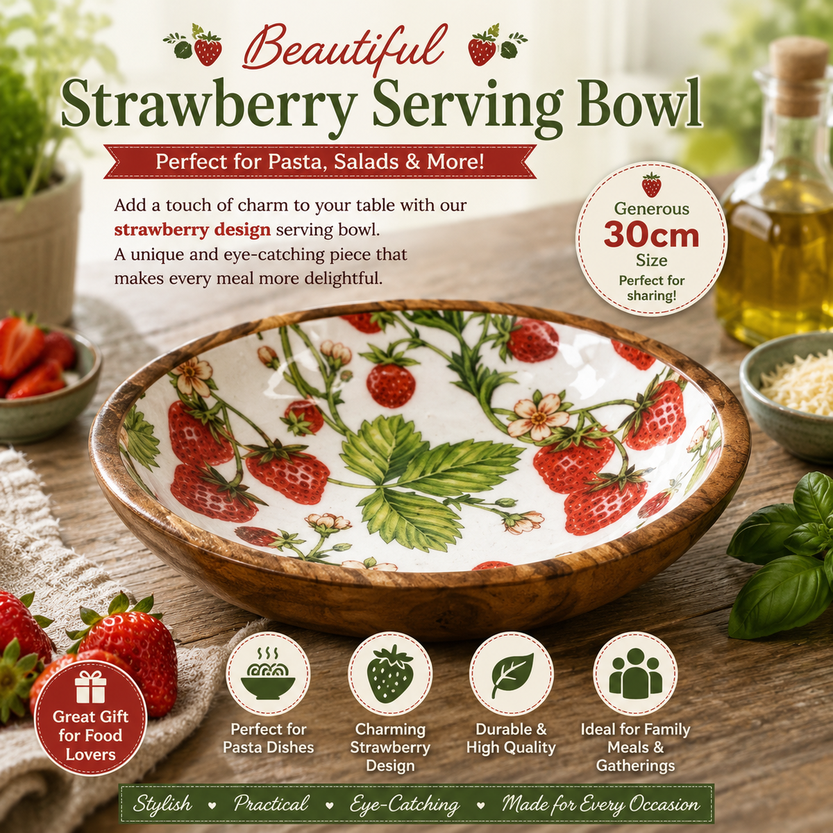 Strawberry Enamelled Bowl - 30cm - Tableware Serving