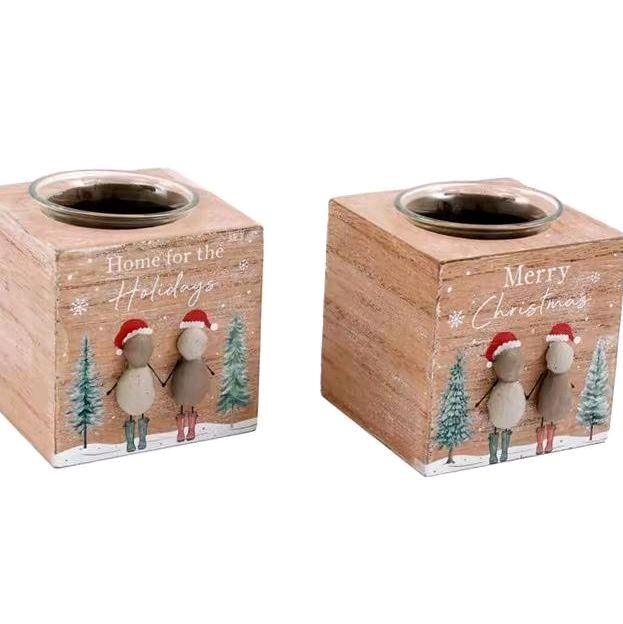 Pebble Art Christmas Candle Holder - Rustic Winter Forest Design - Figures, Decor Ornaments Tealight