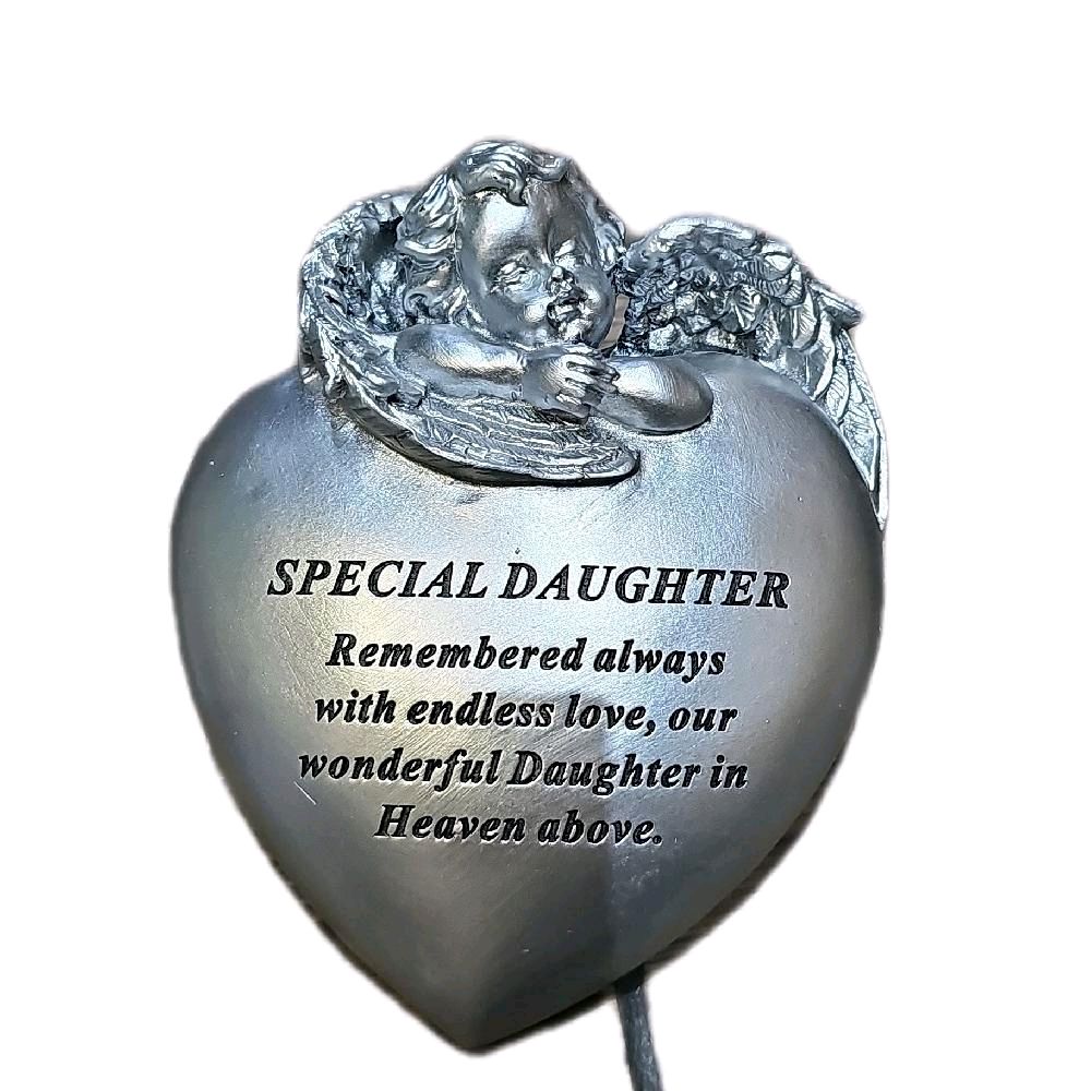 Silver Memorial Heart Stone with Winged Cherub