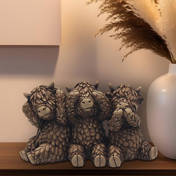 Lesser & Pavey Hughie Highland Cows figurine features a trio of cows depicting "hear no evil, see no evil, speak no evil"