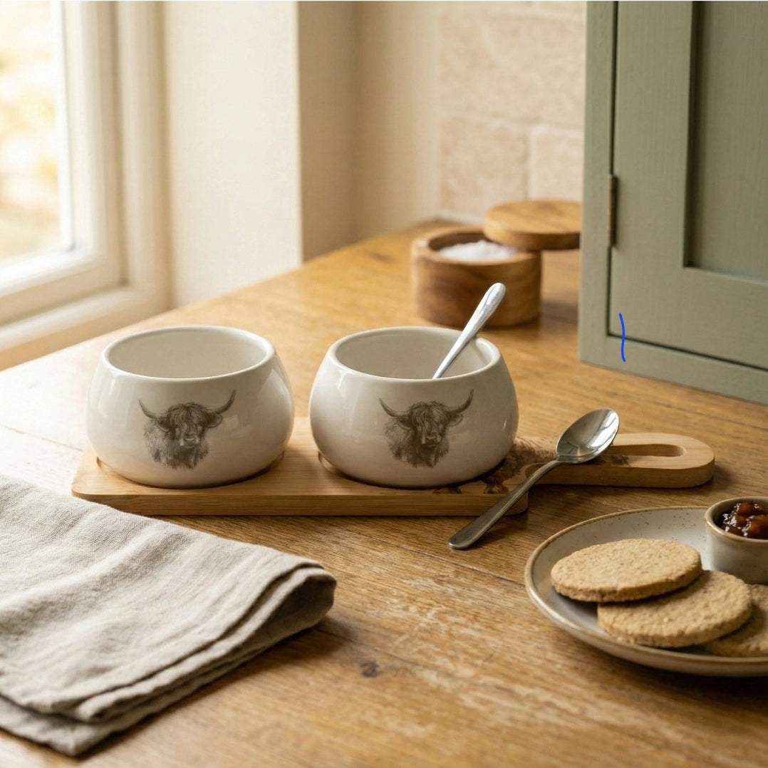 Set of 2 Bowls on Bamboo Tray - Highland Cow 2pk