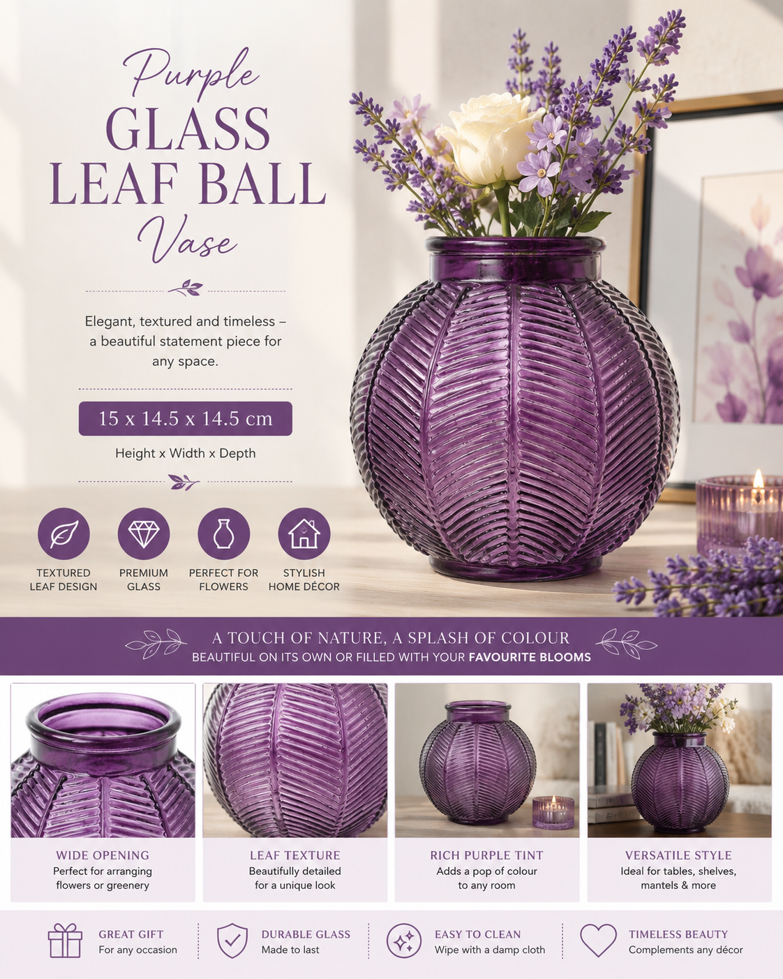 Purple Glass Leaf Ball Vase