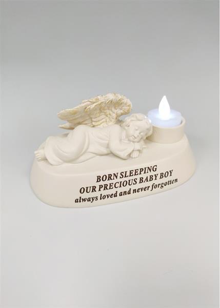 Born Sleeping Baby Boy Angel with Tealight Memorial Graveside Ornament