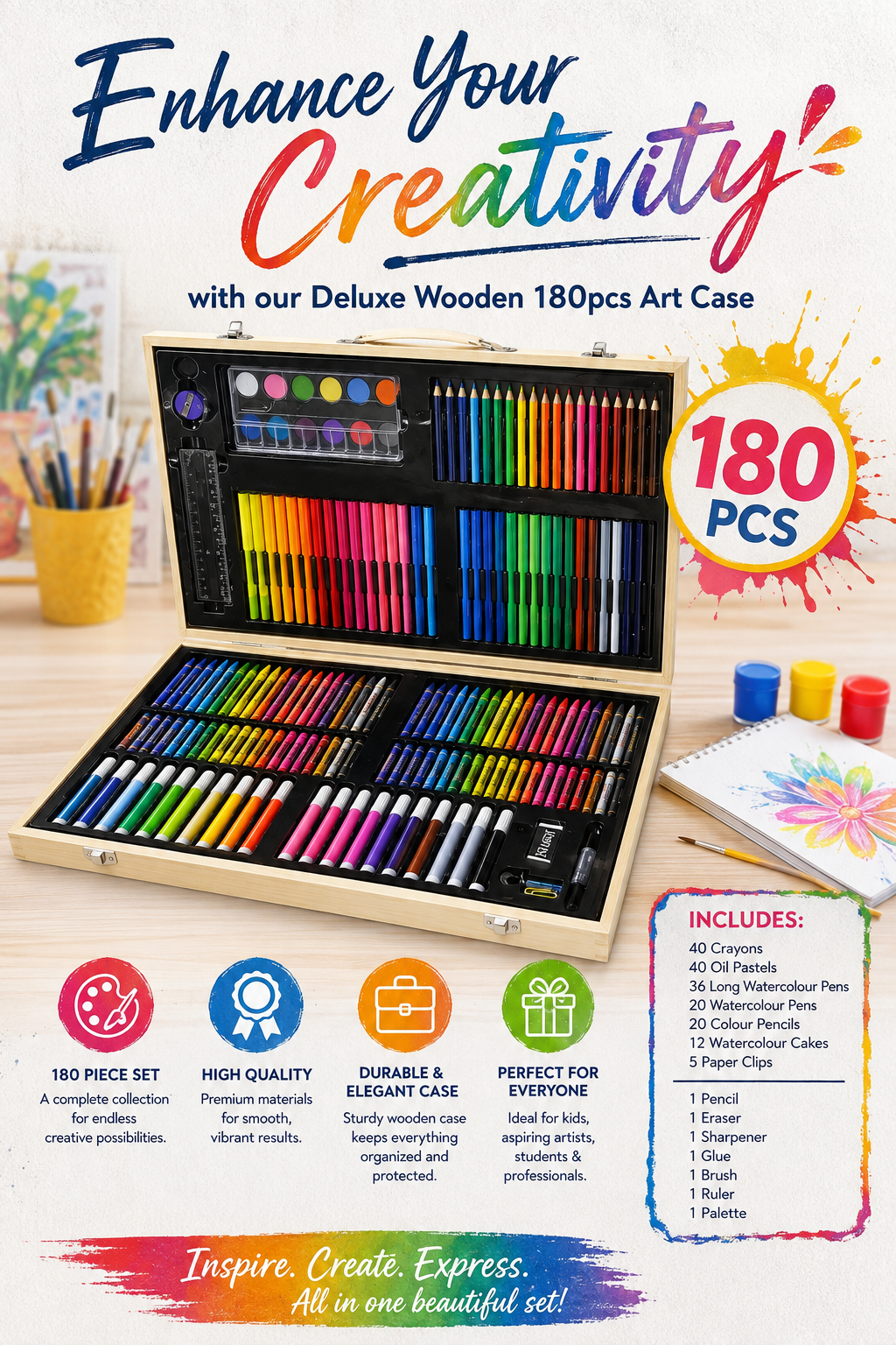Deluxe Wooden 180pcs Art Case