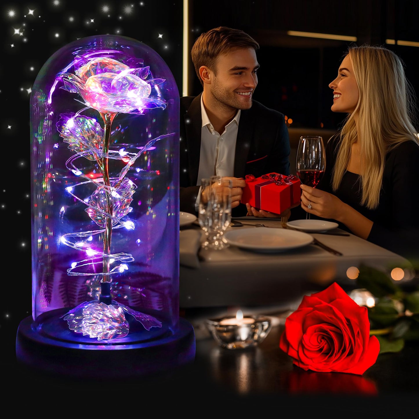 Light Up Rose in Glass Dome LED Rotating Flower Gift