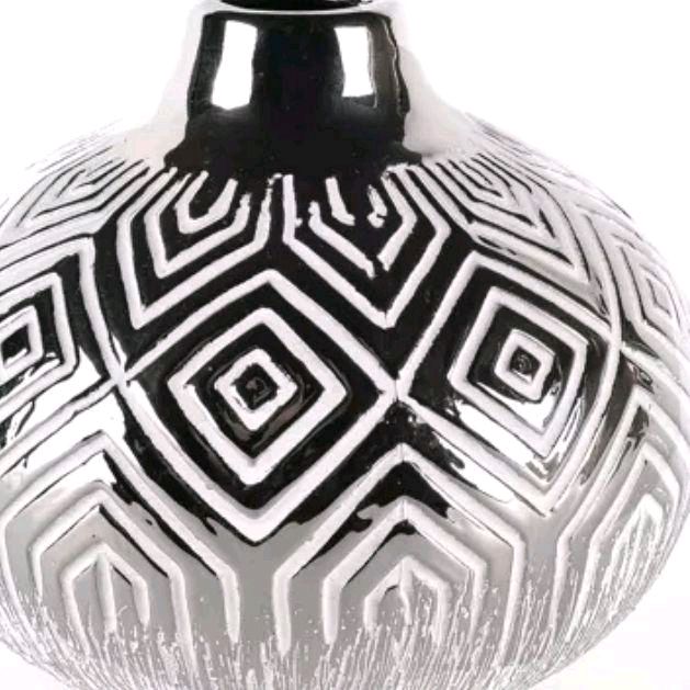 Decorative Silver & White Geometric Vase - 24.5cm - Ornaments Ceramic Flower Room