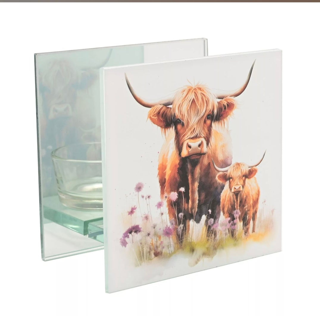 Country Living Highland Cow Glass Tealight Holder