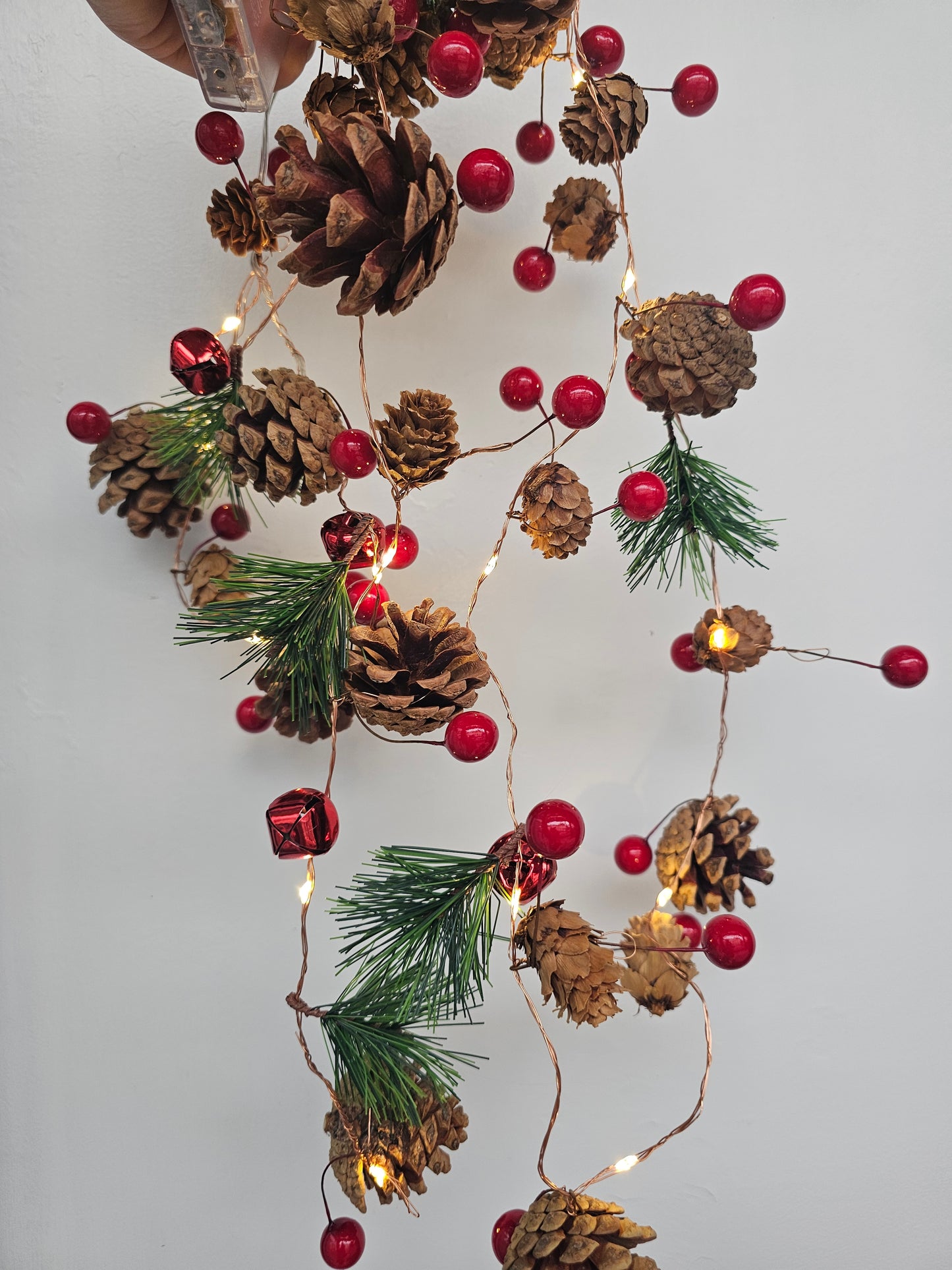 Christmas light up Garland with Pine cones, Berries and bells
