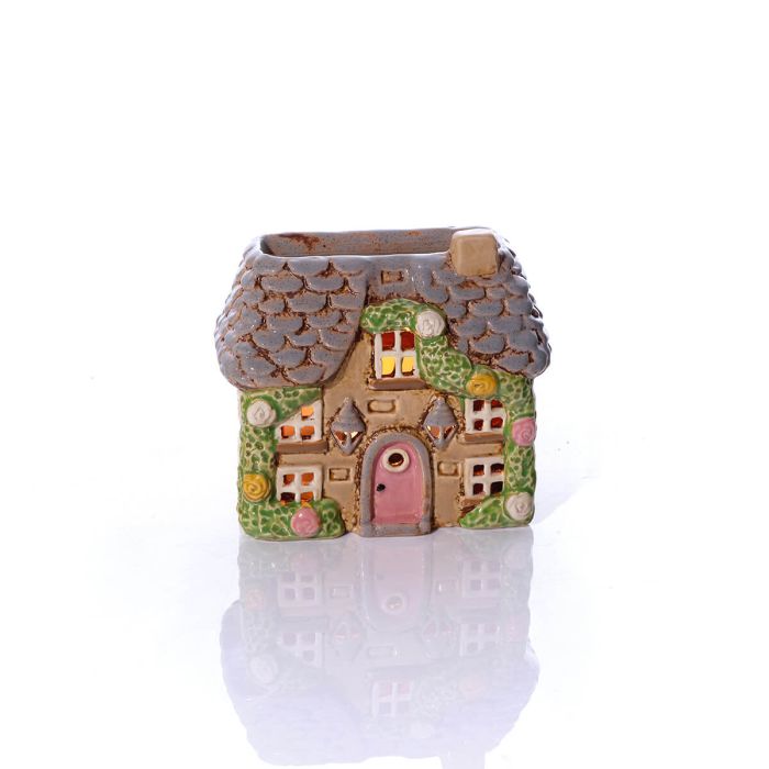 COTTAGE GARDEN STONEWARE HOUSE WITH ROSES AND DOOR LANTERNS ALL EMBOSSED DETAILS WAX MELT BURNER