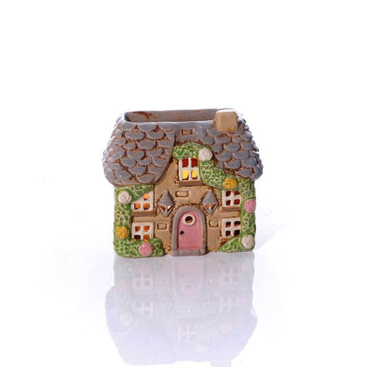 COTTAGE GARDEN STONEWARE HOUSE WITH ROSES AND DOOR LANTERNS ALL EMBOSSED DETAILS WAX MELT BURNER