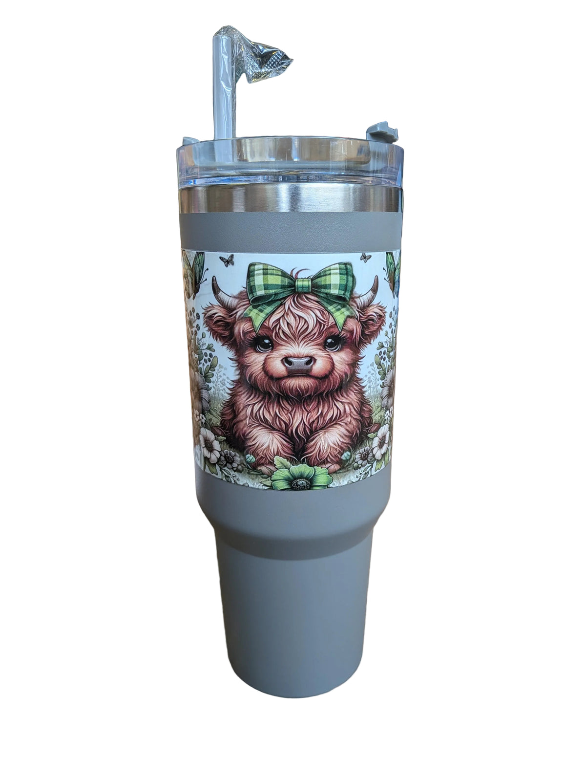 40oz Grey Insulated Tumbler with Highland Cow Design