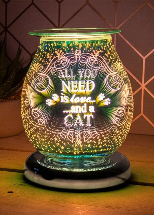 Desire Aroma 3D lamp features a "All You Need Is Love and a Cat" design and includes a touch-sensitive base for controlling brightness