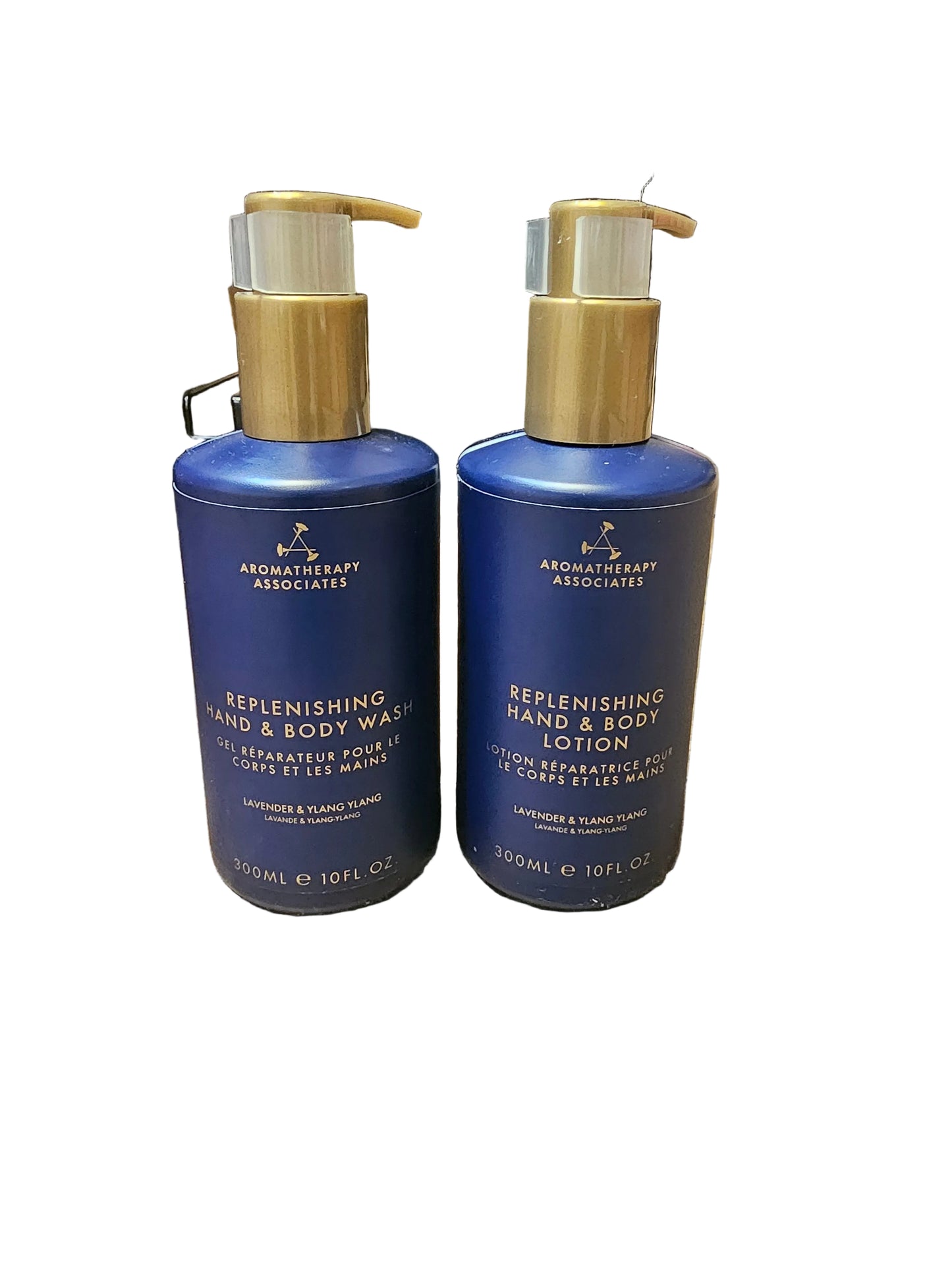 Aromatherapy Associates Replenishing Hand & Body Wash and Replenishing Hand & Body Lotion, both scented with lavender and ylang ylang.