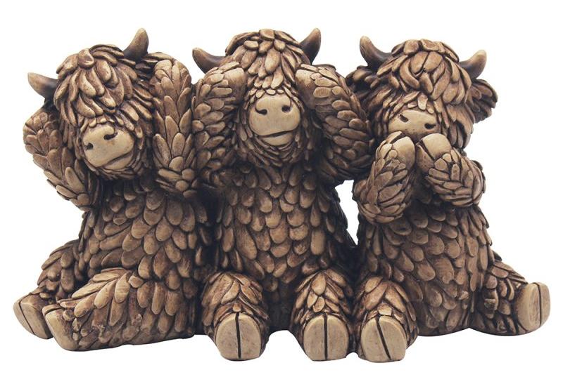 Lesser & Pavey Hughie Highland Cows figurine features a trio of cows depicting "hear no evil, see no evil, speak no evil"