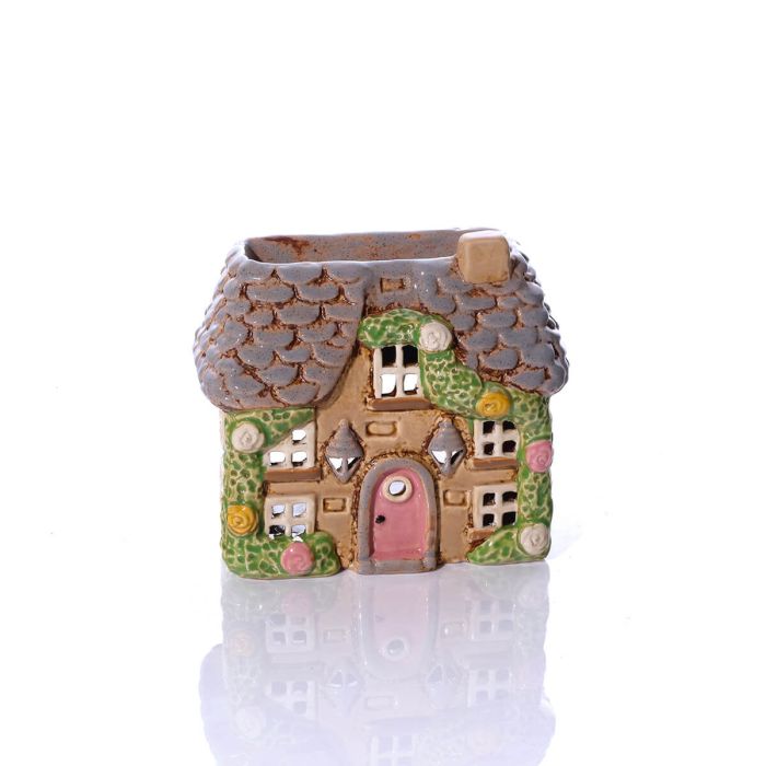 COTTAGE GARDEN STONEWARE HOUSE WITH ROSES AND DOOR LANTERNS ALL EMBOSSED DETAILS WAX MELT BURNER