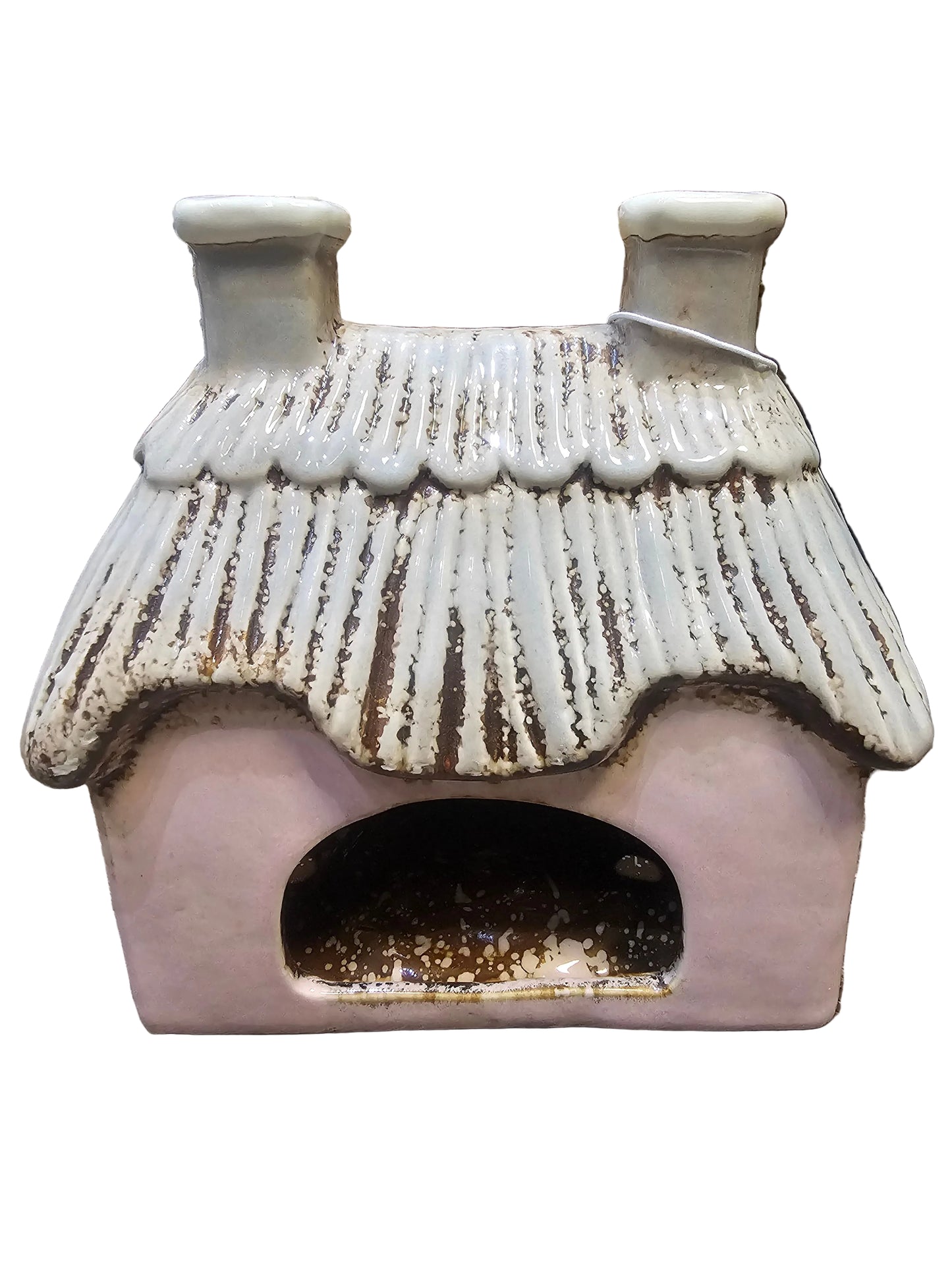 Cottage Tealight Holder Pink Embossed Stoneware with Trees